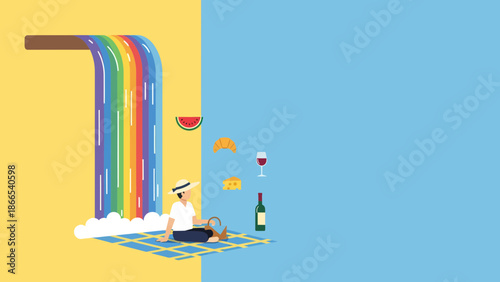 Dreamy Picnic Scene With Rainbow Waterfall And Floating Foodstuffs Illustration