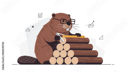 Diligent Beaver Engineer Measures Wood For Innovative Construction Project Planning