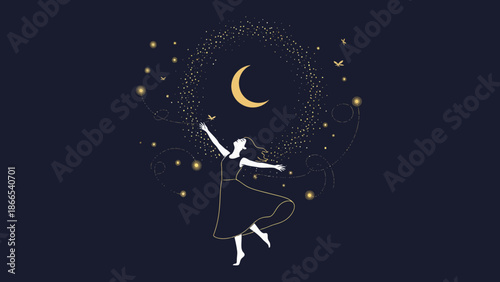 Dreamy Woman Reaching For The Moon And Stars In a Mystical Night Scene