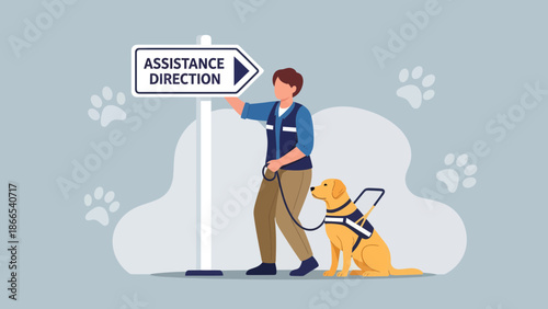 Direction Assistance Dog And Person Guiding With Street Navigation Sign
