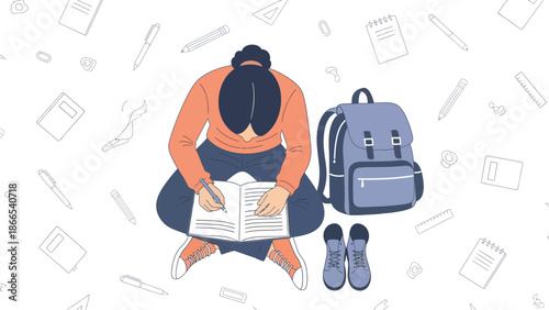 Diligent Student Immersed In Study With School Supplies On White Background Illustration