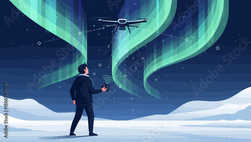 Drone Operator Capturing Aurora Borealis With Precision Modern Technology Device
