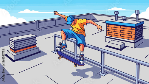 Dynamic Skateboarder On Rooftop Captures Youthful Energy In Urban Setting Illustration