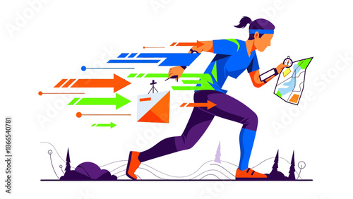 Dynamic Illustration Of A Person During An Orienteering Competition In Nature
