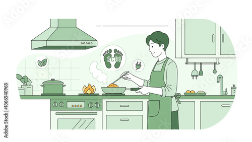Eco Friendly Lifestyle Man Cooking Food With Low Carbon Footprint In Kitchen