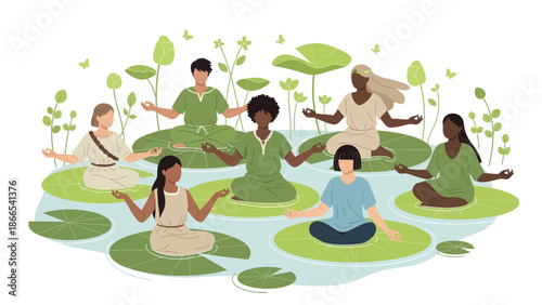 Diverse People Meditating On Lily Pads In A Tranquil Pond Scene For Wellness