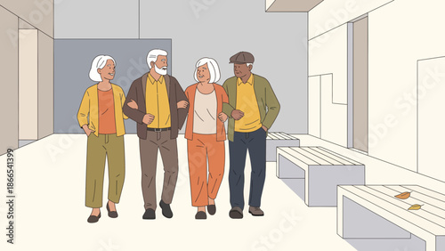 Diverse Senior Couples Enjoying Urban Stroll Together Embracing Friendship in the City