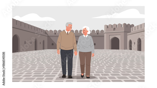 Elderly Couple Strolling Through Historic City Square Embracing Retirement Together