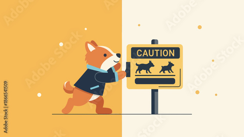 Dog In Jacket Opening Door With Caution Dogs Illustration Sign Alert Concept