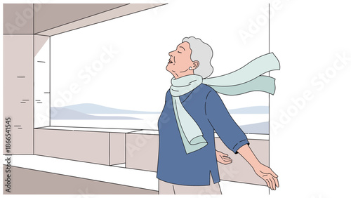 Elderly Woman Enjoys Breeze With Arms Extended Near Window With Mountain View