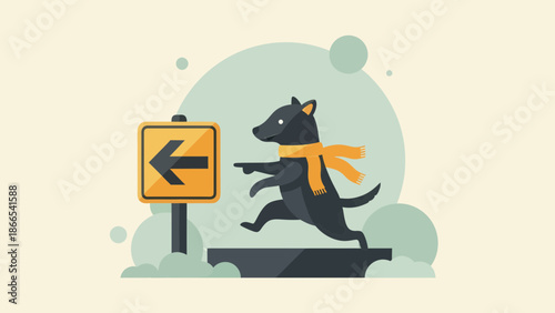 Dog Running To The Left Direction With A Scarf In A Flat Style Illustration