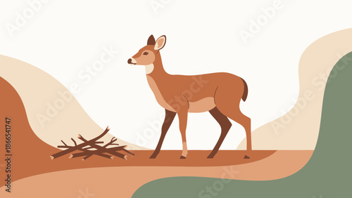 Elegant Deer In Nature Scenery Depicted With Flat Geometric Style For Stock Use