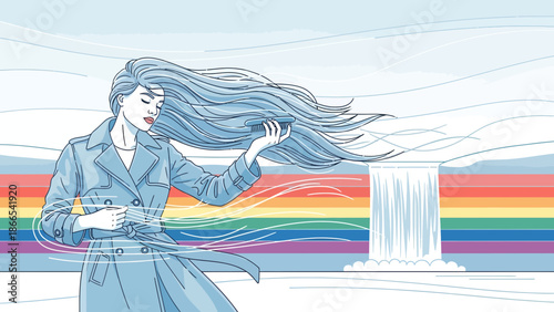 Elegant Lady Combing Her Long Flowing Hair Against a Rainbow Waterfall Backdrop