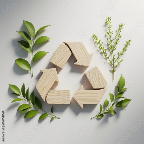 Recycling symbol made of wooden blocks surrounded by green leaves on a white background