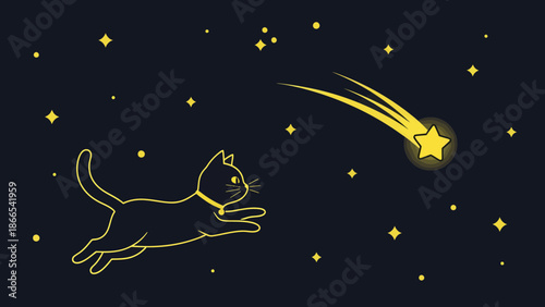 Dreamy Feline Chasing A Celestial Starfall In The Midnight Blue Sky