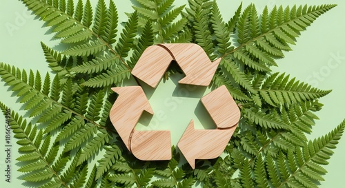 Recycling symbol made of wood surrounded by green ferns on a light green background