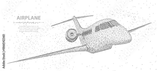 Drone. Low poly 3D airplane with polygonal mesh structure. Futuristic aviation design, digital aircraft model, transportation technology, modern airline concept. Polygonal illustration.