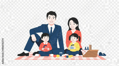 A smiling family of four having a picnic on a red and white