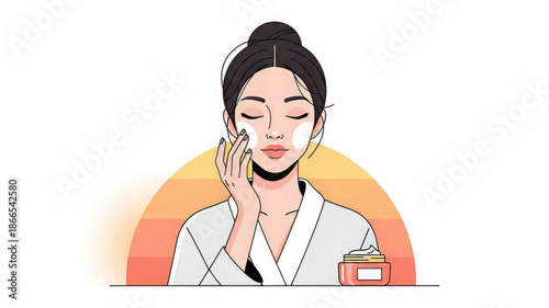 Woman applying skincare cream on face with eyes closed in relaxation