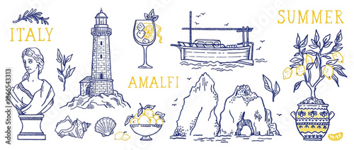 Summer lemon beach vector illustration of Amalfi Italy with hand drawn Italian sea coast icons, coastal watercolor background, vintage boat, Mediterranean shore and lemon cocktail for vacation design