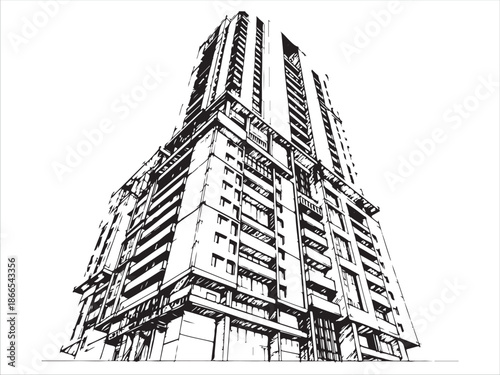 Black and White Sketch of Modern HighRise Building