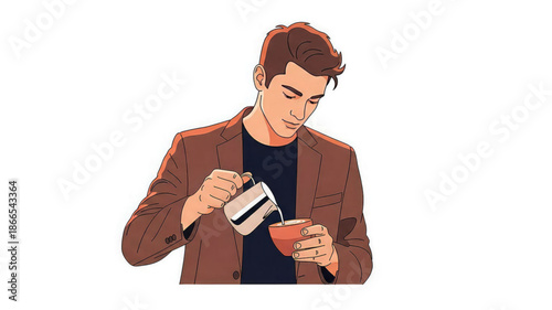 Man in brown jacket pouring coffee into a cup on a white background