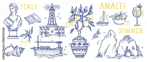 Summer lemon beach vector illustration of Amalfi Italy with hand drawn Italian sea coast icons, coastal watercolor background, vintage boat, Mediterranean shore and lemon cocktail for vacation design
