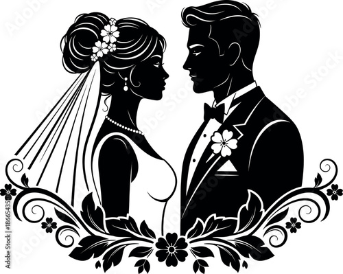 Black silhouette of a bride and groom facing each other on with floral design