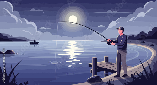 Night Fishing Scene Man on Dock with Rod Under Moonlight.