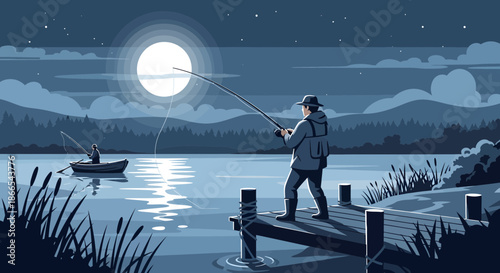 Night Fishing Scene Man on Dock Under Moonlight.