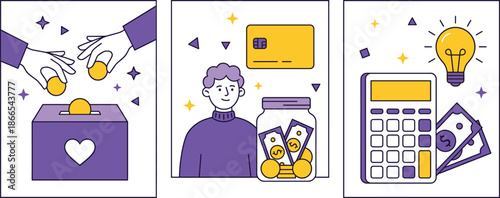 Financial planning illustration showing saving donation budgeting investment ideas money management concepts with calculator credit card jar and charity box