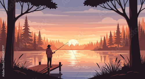 Silhouette of a Fisherman on a Dock at Sunset Casting a Line.