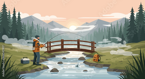 Fisherman casting line in mountain stream near bridge.