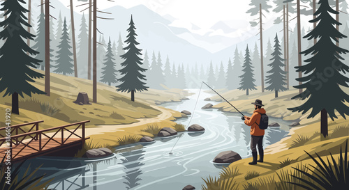 Fisherman Casting Line in Tranquil Forest Stream.