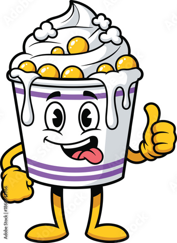 Funny popcorn cup cartoon mascot with creamy topping sticking tongue out giving thumbs up snack character vector illustration design branding