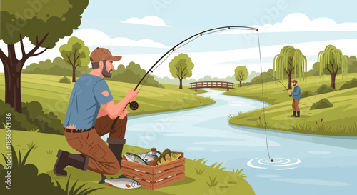 Focused Fisherman Catching Fish in River with Basket of Fish.