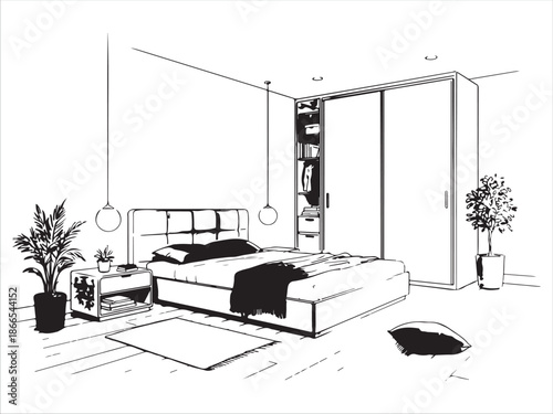 Modern Bedroom Interior with Bed and Wardrobe Design