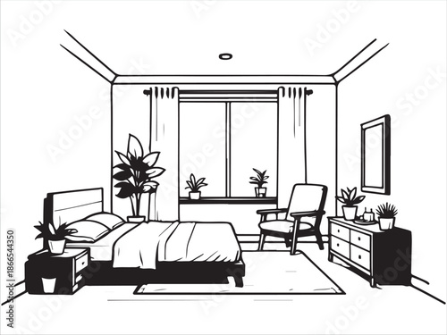 Modern Bedroom Interior with Plants and Comfortable Furniture