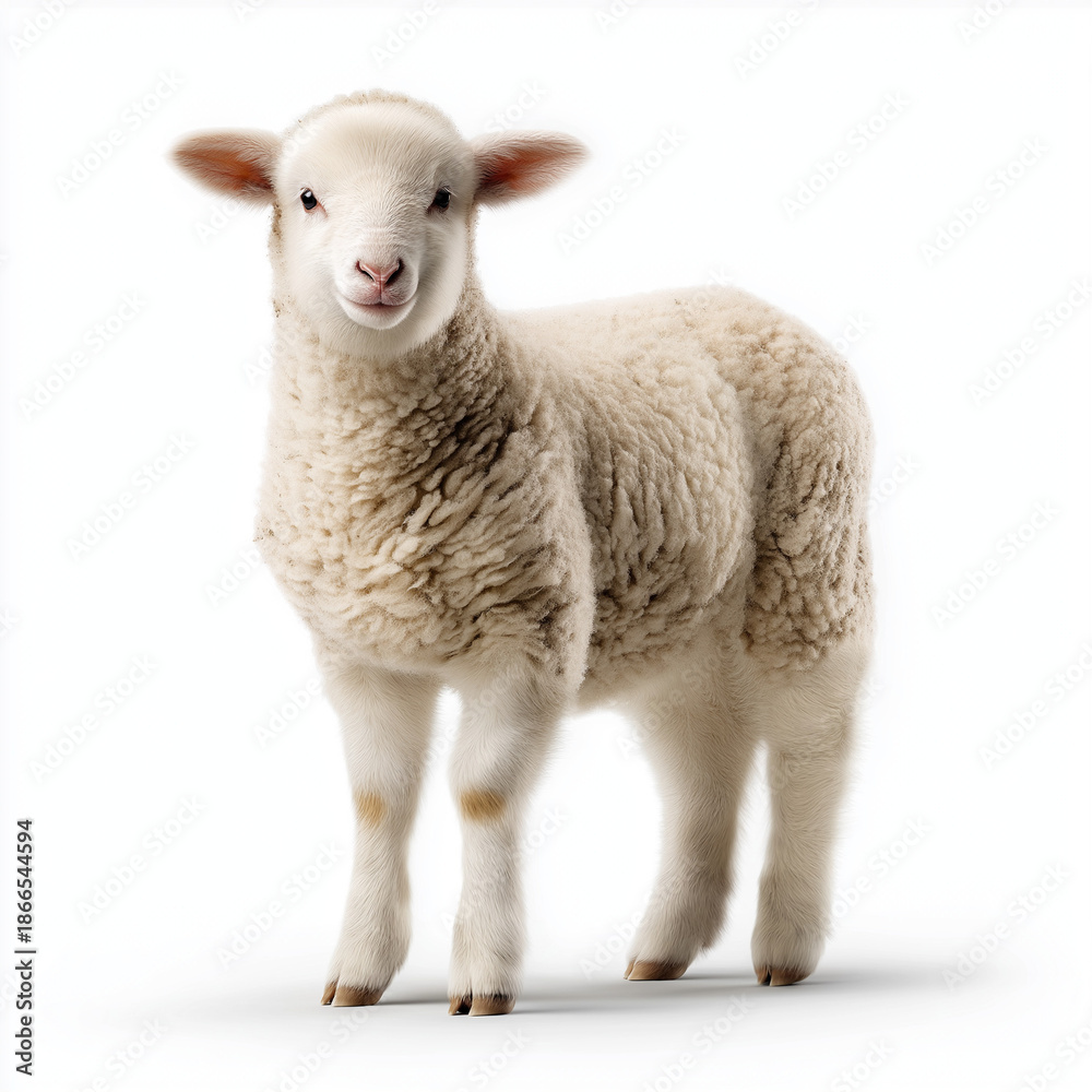 Fototapeta premium Cute White Baby Lamb Standing Isolated on White Background, Symbol of Innocence, Purity, Spring and New Life in Farm Animals Concept