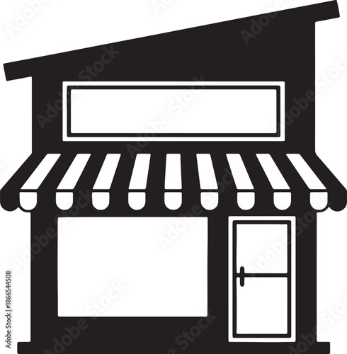 Black and white line of a small storefront with a striped awning and a door also transparent background