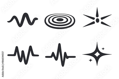 Abstract Signal Icons. Solid vector icons of abstract signals: wave, ripple, beam, oscillation, pulse, flare No text, No labels,