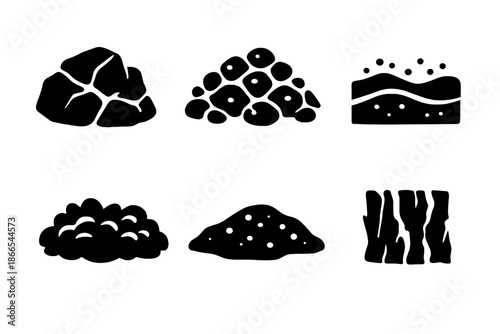 Natural Texture Icons. Solid vector icons of natural textures: rock, gravel, sand, moss, soil, bark No text, No labels, isolated