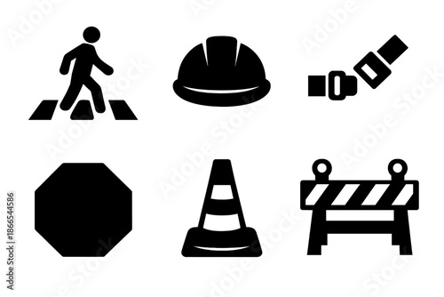 Traffic Safety Icons. Solid vector icons of traffic and safety: pedestrian crossing, helmet, seatbelt, stop sign, traffic cone,