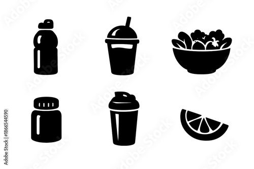 Nutrition Icons. Solid vector icons of nutrition and wellness: water bottle, smoothie, salad bowl, vitamin bottle, protein shake,