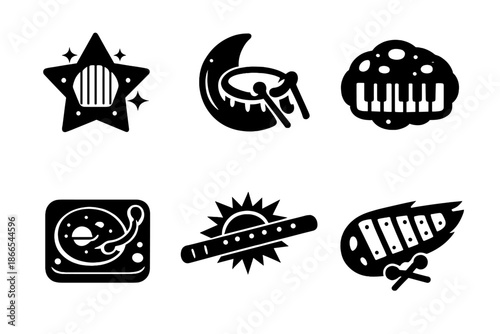 Cosmic Instrument Icons. Solid vector icons of cosmic instruments: star harp, moon drum, asteroid keyboard, cosmic turntable,