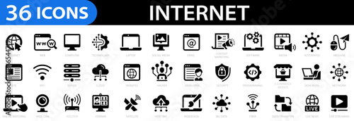Internet 36 icon set. Web, online, computer, network, website, server, web design, software, message, technology and more. Editable stroke. Vector illustration.