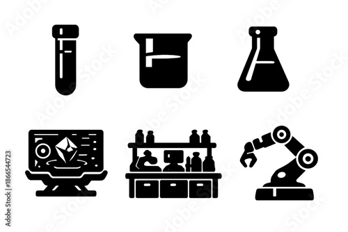 Futuristic Lab Icons. Solid vector icons of futuristic lab environment: test tube, beaker, flask, holographic screen, lab bench,