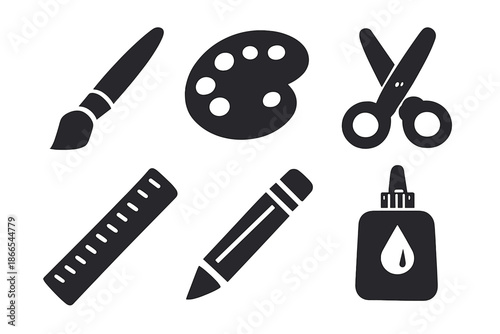 Art & Craft Tools. Solid vector icons of art and craft tools: paintbrush, palette, scissors, ruler, pencil, glue No text, No