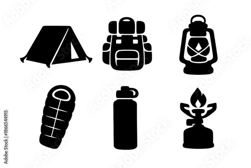Camping Gear Icons. Solid vector icons of camping gear: tent, backpack, lantern, sleeping bag, water bottle, stove No text, No