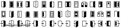Door icons big set. Open door icons. Open, close and ajar door, login, logout, register, password, vip entrance, key, lock, exit and more. Editable stroke. Vector illustration.